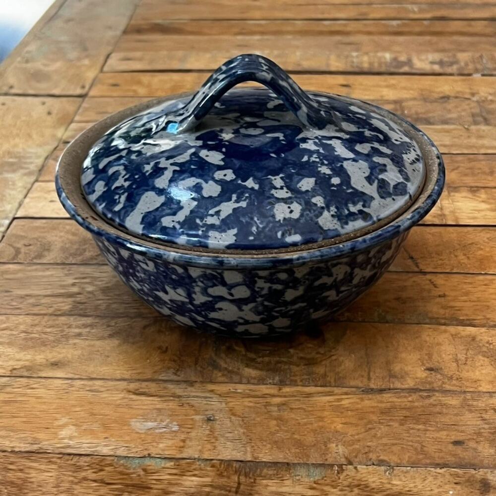1992 Bastine Pottery Casserole Lidded Dish Blue Stoneware Signed Vintage - Picture 2 of 13